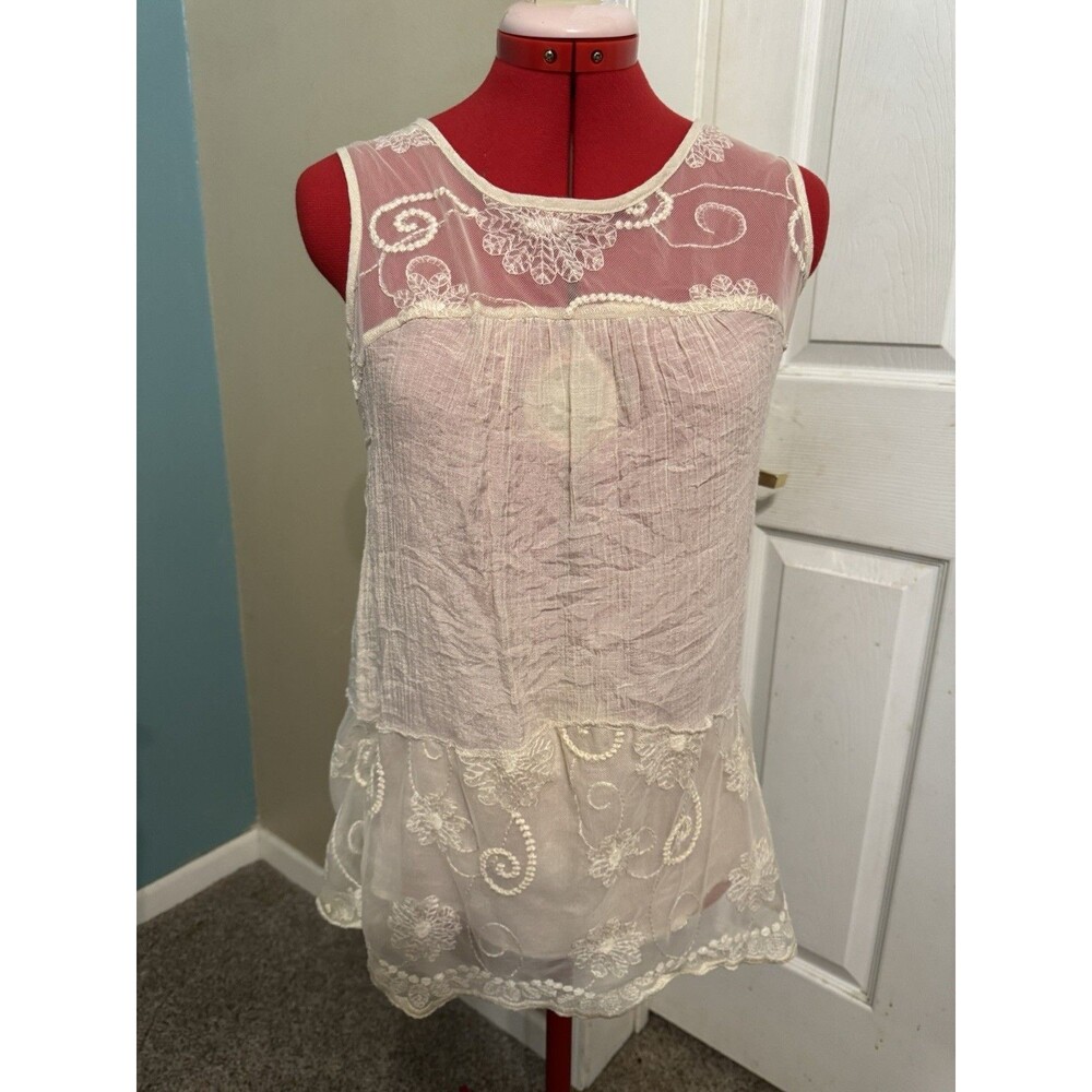 Adiva Womens Small Ivory Embroidered Lace Mesh Sleeveless Boho Tunic Top